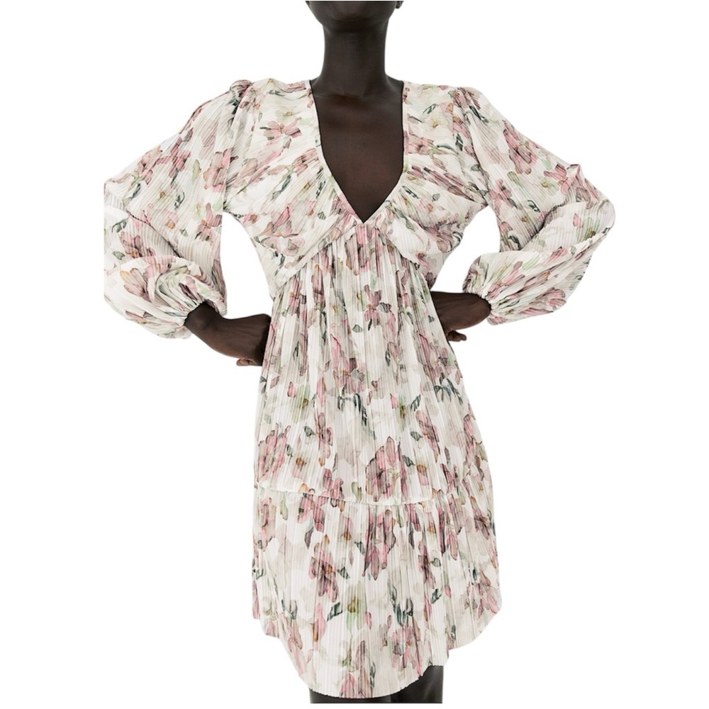 H&M Plisse Floral A-Line Baby Doll Flowy Balloon Sleeve Mini Dress